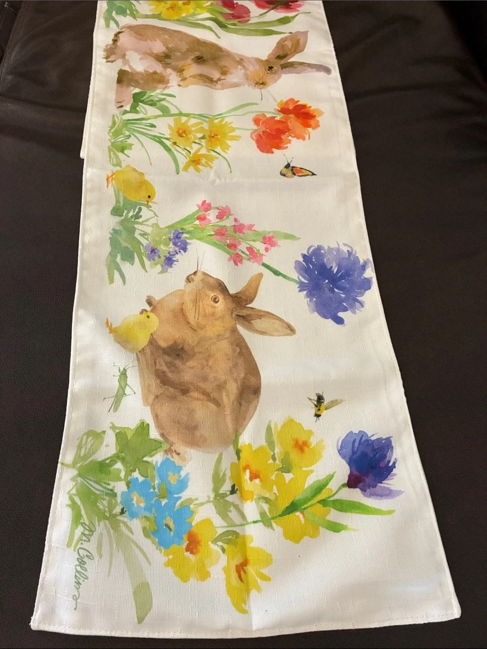 Spring Bunny Floral Table Runner in White 13 X 72”